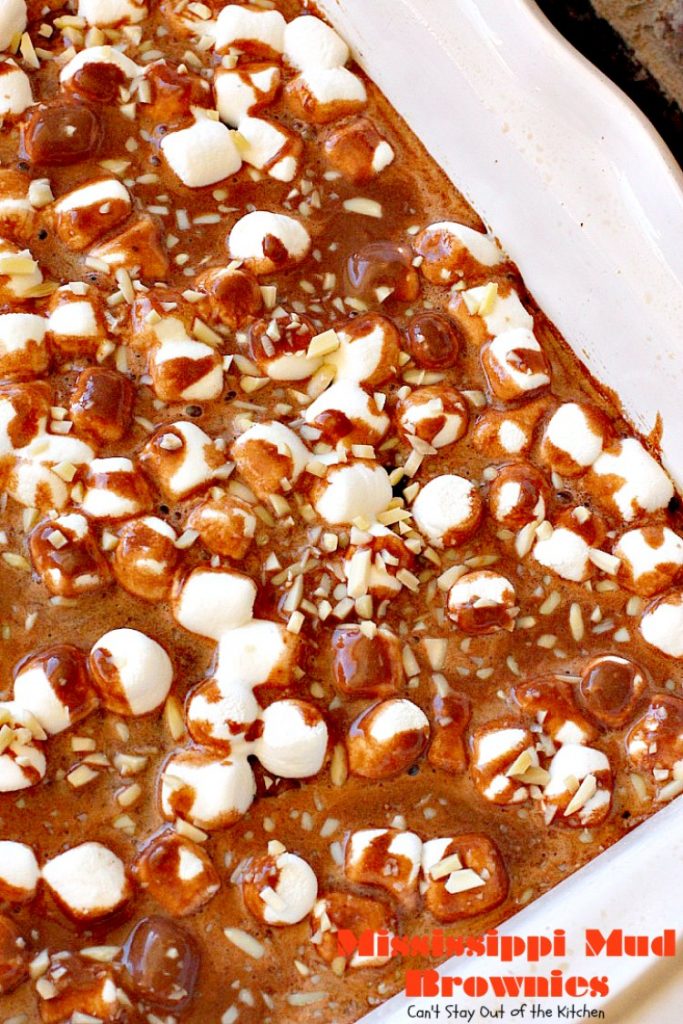 Mississippi Mud Brownies | Can't Stay Out of the Kitchen | these #brownies are divine! #chocolate #almonds & #marshmallows make this #dessert absolutely marvelous.