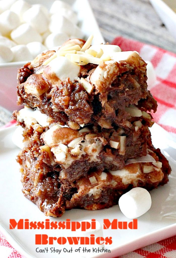 Mississippi Mud Brownies | Can't Stay Out of the Kitchen | these #brownies are divine! #chocolate #almonds & #marshmallows make this #dessert absolutely marvelous.