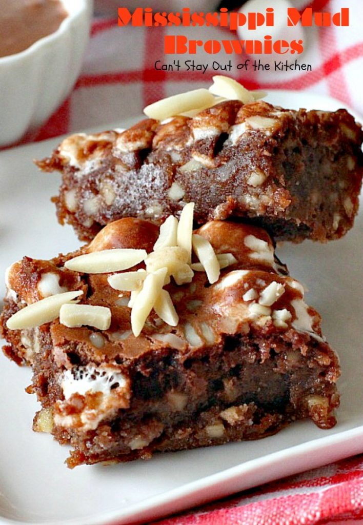 Mississippi Mud Brownies | Can't Stay Out of the Kitchen | these #brownies are divine! #chocolate #almonds & #marshmallows make this #dessert absolutely marvelous.
