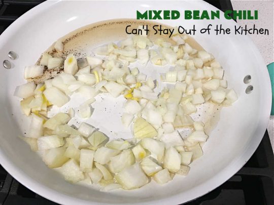 Mixed Bean Chili | Can't Stay Out of the Kitchen | this favorite #chili #recipe is extra meaty using lean #GroundBeef & sweet #ItalianSausage. This #SlowCooker chili is terrific for company dinners or #tailgating parties since it makes a lot. #BlackBeans #RedKidneyBeans #PintoBeans #tomatoes #GlutenFree #JalapenoPepper #MixedBeanChili