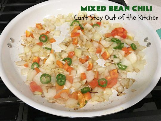 Mixed Bean Chili | Can't Stay Out of the Kitchen | this favorite #chili #recipe is extra meaty using lean #GroundBeef & sweet #ItalianSausage. This #SlowCooker chili is terrific for company dinners or #tailgating parties since it makes a lot. #BlackBeans #RedKidneyBeans #PintoBeans #tomatoes #GlutenFree #JalapenoPepper #MixedBeanChili