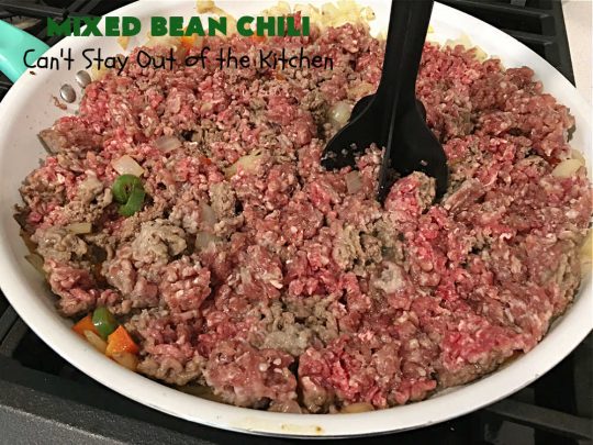 Mixed Bean Chili | Can't Stay Out of the Kitchen | this favorite #chili #recipe is extra meaty using lean #GroundBeef & sweet #ItalianSausage. This #SlowCooker chili is terrific for company dinners or #tailgating parties since it makes a lot. #BlackBeans #RedKidneyBeans #PintoBeans #tomatoes #GlutenFree #JalapenoPepper #MixedBeanChili