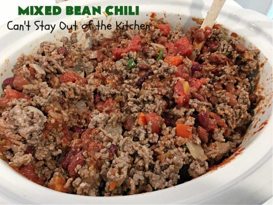 Mixed Bean Chili | Can't Stay Out of the Kitchen | this favorite #chili #recipe is extra meaty using lean #GroundBeef & sweet #ItalianSausage. This #SlowCooker chili is terrific for company dinners or #tailgating parties since it makes a lot. #BlackBeans #RedKidneyBeans #PintoBeans #tomatoes #GlutenFree #JalapenoPepper #MixedBeanChili