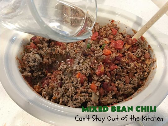 Mixed Bean Chili | Can't Stay Out of the Kitchen | this favorite #chili #recipe is extra meaty using lean #GroundBeef & sweet #ItalianSausage. This #SlowCooker chili is terrific for company dinners or #tailgating parties since it makes a lot. #BlackBeans #RedKidneyBeans #PintoBeans #tomatoes #GlutenFree #JalapenoPepper #MixedBeanChili