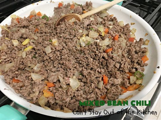 Mixed Bean Chili | Can't Stay Out of the Kitchen | this favorite #chili #recipe is extra meaty using lean #GroundBeef & sweet #ItalianSausage. This #SlowCooker chili is terrific for company dinners or #tailgating parties since it makes a lot. #BlackBeans #RedKidneyBeans #PintoBeans #tomatoes #GlutenFree #JalapenoPepper #MixedBeanChili