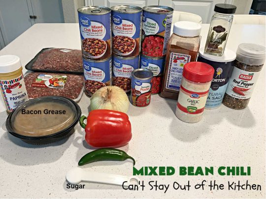 Mixed Bean Chili | Can't Stay Out of the Kitchen | this favorite #chili #recipe is extra meaty using lean #GroundBeef & sweet #ItalianSausage. This #SlowCooker chili is terrific for company dinners or #tailgating parties since it makes a lot. #BlackBeans #RedKidneyBeans #PintoBeans #tomatoes #GlutenFree #JalapenoPepper #MixedBeanChili