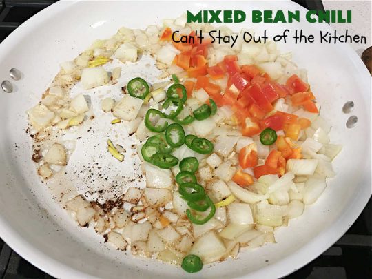 Mixed Bean Chili | Can't Stay Out of the Kitchen | this favorite #chili #recipe is extra meaty using lean #GroundBeef & sweet #ItalianSausage. This #SlowCooker chili is terrific for company dinners or #tailgating parties since it makes a lot. #BlackBeans #RedKidneyBeans #PintoBeans #tomatoes #GlutenFree #JalapenoPepper #MixedBeanChili