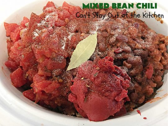 Mixed Bean Chili | Can't Stay Out of the Kitchen | this favorite #chili #recipe is extra meaty using lean #GroundBeef & sweet #ItalianSausage. This #SlowCooker chili is terrific for company dinners or #tailgating parties since it makes a lot. #BlackBeans #RedKidneyBeans #PintoBeans #tomatoes #GlutenFree #JalapenoPepper #MixedBeanChili