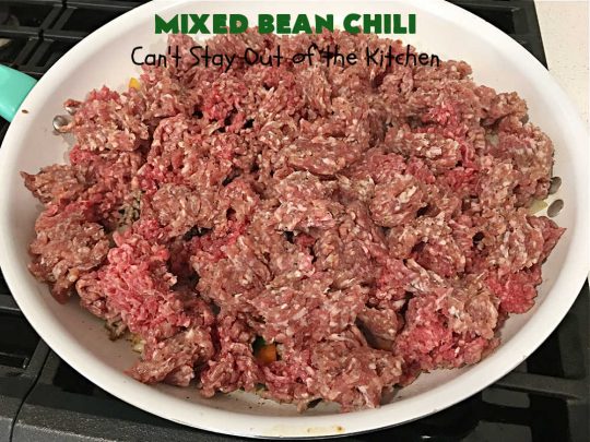 Mixed Bean Chili | Can't Stay Out of the Kitchen | this favorite #chili #recipe is extra meaty using lean #GroundBeef & sweet #ItalianSausage. This #SlowCooker chili is terrific for company dinners or #tailgating parties since it makes a lot. #BlackBeans #RedKidneyBeans #PintoBeans #tomatoes #GlutenFree #JalapenoPepper #MixedBeanChili