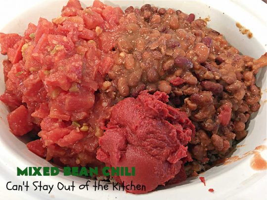 Mixed Bean Chili | Can't Stay Out of the Kitchen | this favorite #chili #recipe is extra meaty using lean #GroundBeef & sweet #ItalianSausage. This #SlowCooker chili is terrific for company dinners or #tailgating parties since it makes a lot. #BlackBeans #RedKidneyBeans #PintoBeans #tomatoes #GlutenFree #JalapenoPepper #MixedBeanChili
