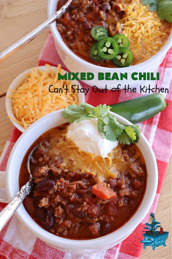 Mixed Bean Chili | Can't Stay Out of the Kitchen | this favorite #chili #recipe is extra meaty using lean #GroundBeef & sweet #ItalianSausage. This #SlowCooker chili is terrific for company dinners or #tailgating parties since it makes a lot. #BlackBeans #RedKidneyBeans #PintoBeans #tomatoes #GlutenFree #JalapenoPepper #MixedBeanChili