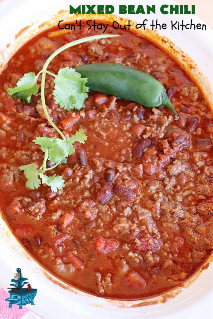 Mixed Bean Chili | Can't Stay Out of the Kitchen | this favorite #chili #recipe is extra meaty using lean #GroundBeef & sweet #ItalianSausage. This #SlowCooker chili is terrific for company dinners or #tailgating parties since it makes a lot. #BlackBeans #RedKidneyBeans #PintoBeans #tomatoes #GlutenFree #JalapenoPepper #MixedBeanChili
