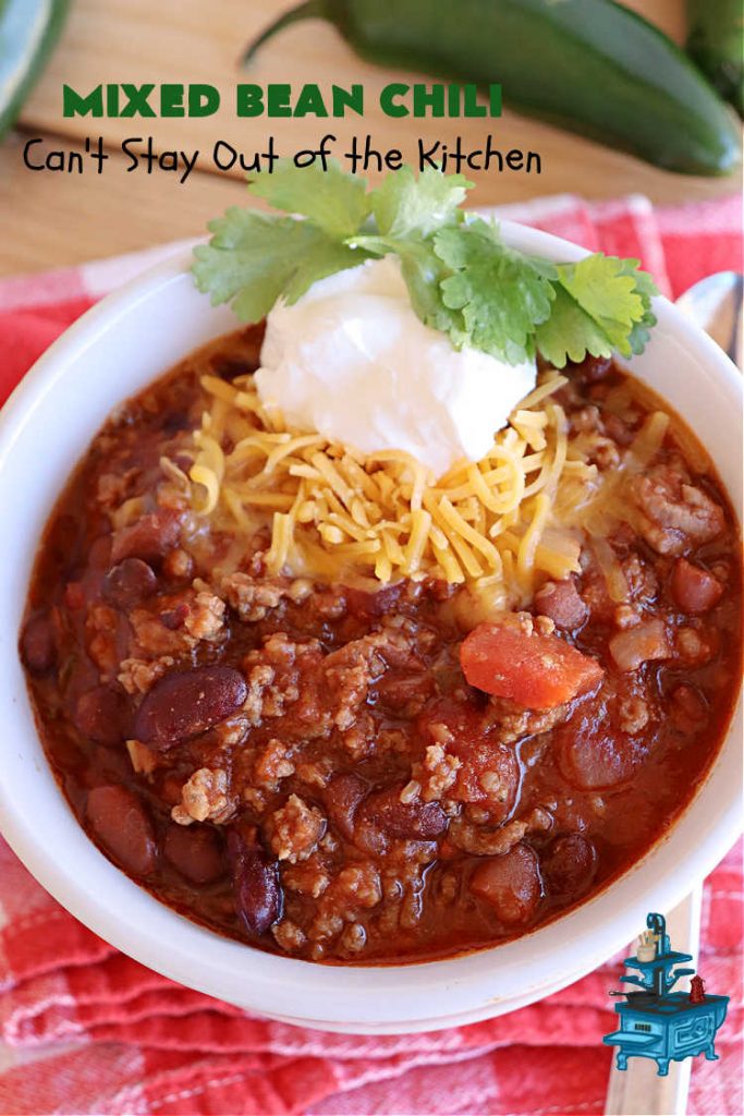 Mixed Bean Chili | Can't Stay Out of the Kitchen | this favorite #chili #recipe is extra meaty using lean #GroundBeef & sweet #ItalianSausage. This #SlowCooker chili is terrific for company dinners or #tailgating parties since it makes a lot. #BlackBeans #RedKidneyBeans #PintoBeans #tomatoes #GlutenFree #JalapenoPepper #MixedBeanChili