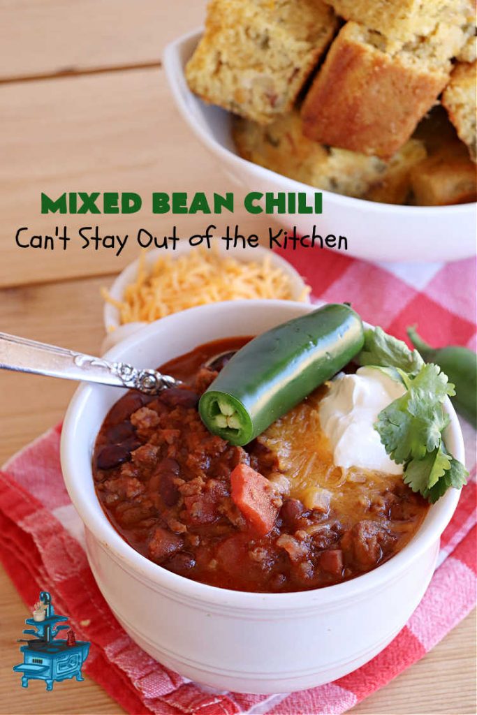 Mixed Bean Chili | Can't Stay Out of the Kitchen | this favorite #chili #recipe is extra meaty using lean #GroundBeef & sweet #ItalianSausage. This #SlowCooker chili is terrific for company dinners or #tailgating parties since it makes a lot. #BlackBeans #RedKidneyBeans #PintoBeans #tomatoes #GlutenFree #JalapenoPepper #MixedBeanChili