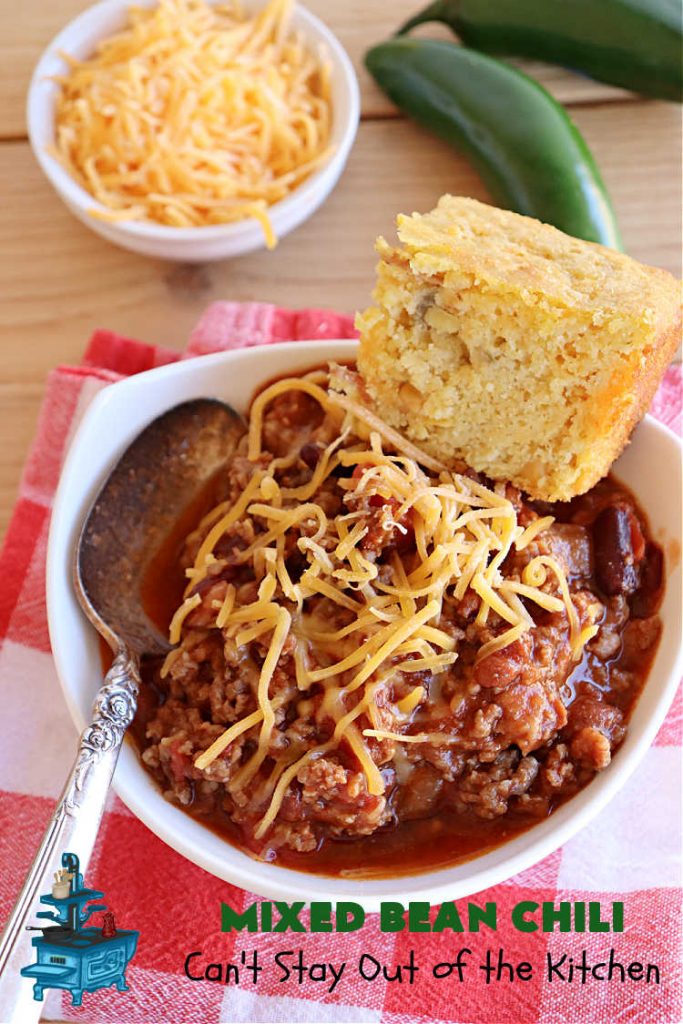 Mixed Bean Chili | Can't Stay Out of the Kitchen | this favorite #chili #recipe is extra meaty using lean #GroundBeef & sweet #ItalianSausage. This #SlowCooker chili is terrific for company dinners or #tailgating parties since it makes a lot. #BlackBeans #RedKidneyBeans #PintoBeans #tomatoes #GlutenFree #JalapenoPepper #MixedBeanChili