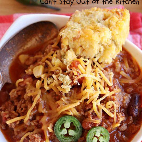 Mixed Bean Chili | Can't Stay Out of the Kitchen | this favorite #chili #recipe is extra meaty using lean #GroundBeef & sweet #ItalianSausage. This #SlowCooker chili is terrific for company dinners or #tailgating parties since it makes a lot. #BlackBeans #RedKidneyBeans #PintoBeans #tomatoes #GlutenFree #JalapenoPepper #MixedBeanChili