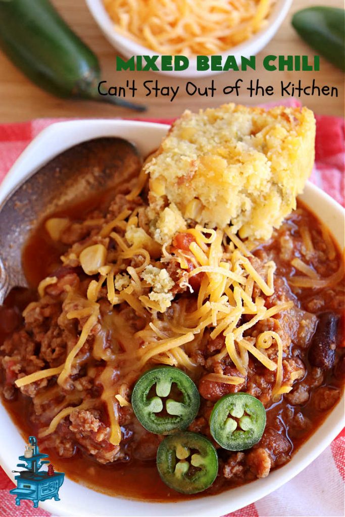 Mixed Bean Chili | Can't Stay Out of the Kitchen | this favorite #chili #recipe is extra meaty using lean #GroundBeef & sweet #ItalianSausage. This #SlowCooker chili is terrific for company dinners or #tailgating parties since it makes a lot. #BlackBeans #RedKidneyBeans #PintoBeans #tomatoes #GlutenFree #JalapenoPepper #MixedBeanChili