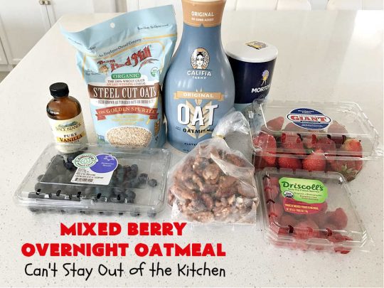 Mixed Berry Overnight Oatmeal | Can't Stay Out of the Kitchen | this delightful #oatmeal is filled with fresh #strawberries, #raspberries, #blueberries & #HoneyGlazedPecans. It's a fantastic way to enjoy #SteelCutOats & have a healthier #vegan, #GlutenFree #breakfast option. Make up in advance & microwave individual servings or make up for a weekend, #holiday or company breakfast. #oatmeal #OvernightOatmeal #HolidayBreakfast #MixedBerries #pecans #MixedBerryOvernightOatmeal #crockpot #SlowCooker #SlowCookerBreakfast