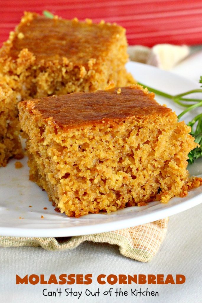 Molasses Cornbread | Can't Stay Out of the Kitchen | this fantastic #cornbread #recipe will knock your socks off! It's one of the best #southern-style cornbread recipes ever! It's very moist because it uses both buttermilk & sour cream. Every bite is irresistible & mouthwatering. Terrific on cold, winter nights with a bowl of #chili. #molasses #MolassesCornbread