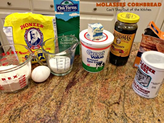 Molasses Cornbread | Can't Stay Out of the Kitchen | this fantastic #cornbread #recipe will knock your socks off! It's one of the best #southern-style cornbread recipes ever! It's very moist because it uses both buttermilk & sour cream. Every bite is irresistible & mouthwatering. Terrific on cold, winter nights with a bowl of #chili. #molasses #MolassesCornbread