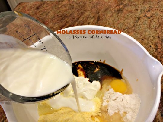 Molasses Cornbread | Can't Stay Out of the Kitchen | this fantastic #cornbread #recipe will knock your socks off! It's one of the best #southern-style cornbread recipes ever! It's very moist because it uses both buttermilk & sour cream. Every bite is irresistible & mouthwatering. Terrific on cold, winter nights with a bowl of #chili. #molasses #MolassesCornbread