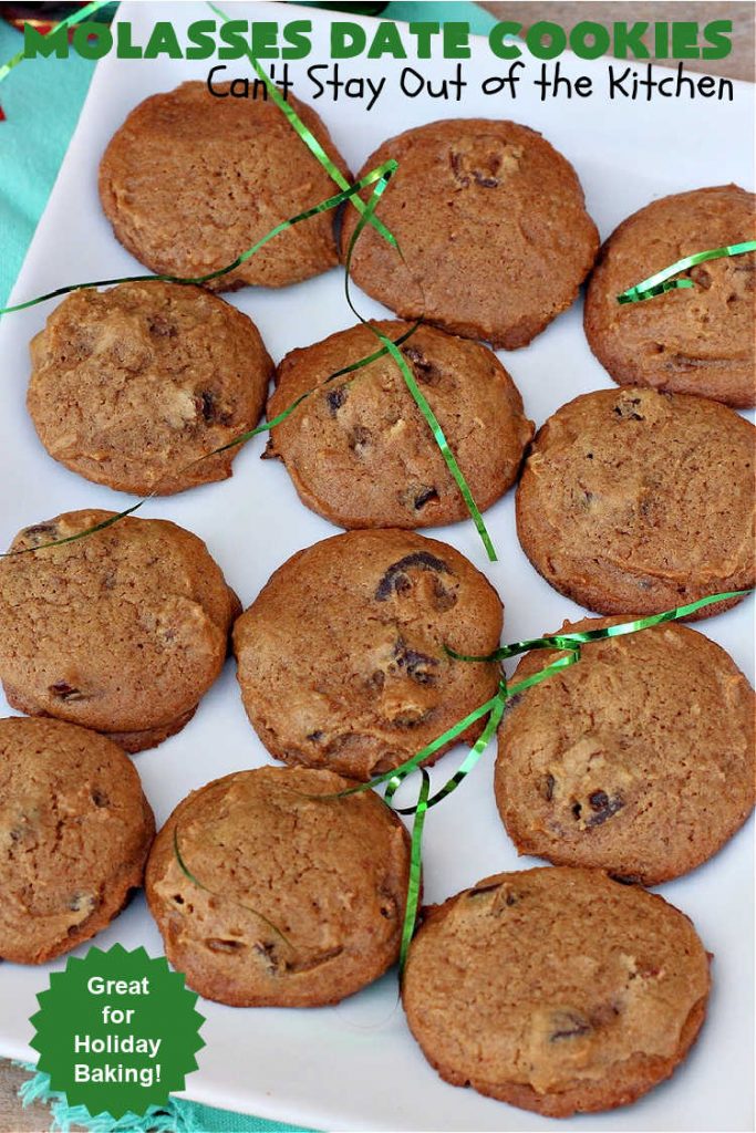 Molasses Date Cookies | Can't Stay Out of the Kitchen | This vintage #recipe is terrific for #holiday #baking. The #cookies are filled with #molasses & #dates and are unbelievably scrumptious. #ChristmasCookies #ChristmasCookieExchange #dessert #HolidayDessert #MolassesDateCookies