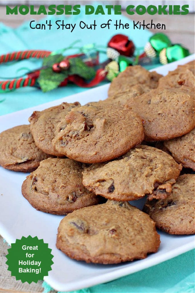 Molasses Date Cookies | Can't Stay Out of the Kitchen | This vintage #recipe is terrific for #holiday #baking. The #cookies are filled with #molasses & #dates and are unbelievably scrumptious. #ChristmasCookies #ChristmasCookieExchange #dessert #HolidayDessert #MolassesDateCookies