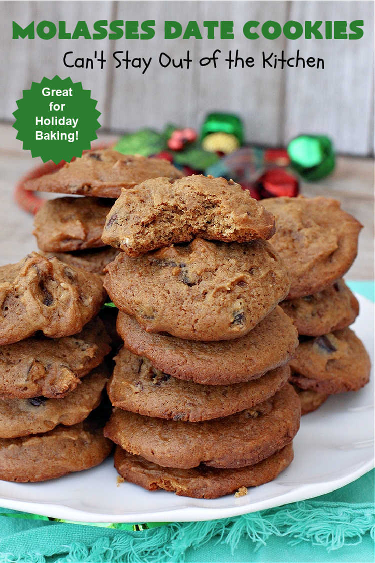 Molasses Date Cookies | Can't Stay Out of the Kitchen | This vintage #recipe is terrific for #holiday #baking. The #cookies are filled with #molasses & #dates and are unbelievably scrumptious. #ChristmasCookies #ChristmasCookieExchange #dessert #HolidayDessert #MolassesDateCookies