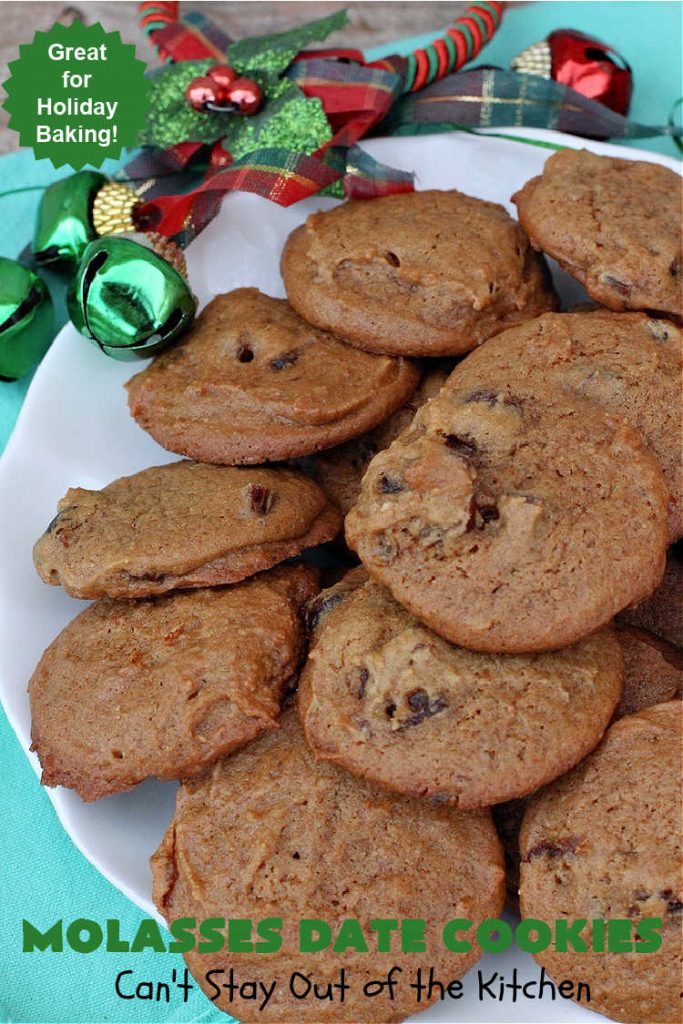 Molasses Date Cookies | Can't Stay Out of the Kitchen | This vintage #recipe is terrific for #holiday #baking. The #cookies are filled with #molasses & #dates and are unbelievably scrumptious. #ChristmasCookies #ChristmasCookieExchange #dessert #HolidayDessert #MolassesDateCookies