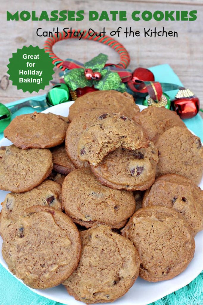 Molasses Date Cookies | Can't Stay Out of the Kitchen | This vintage #recipe is terrific for #holiday #baking. The #cookies are filled with #molasses & #dates and are unbelievably scrumptious. #ChristmasCookies #ChristmasCookieExchange #dessert #HolidayDessert #MolassesDateCookies