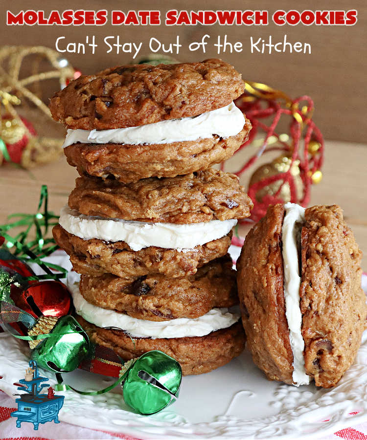 Molasses Date Sandwich Cookies | Can't Stay Out of the Kitchen | these rich, decadent #cookies have the old-world flavor of #molasses # #spices with #VanillaIcing in the middle. These irresistible #MolassesCookies are great for a #ChristmasCookieExchange or #holiday #baking. Everyone will want seconds! #HolidayBaking #HollidayDessert #WhoopeePies #SandwichCookies #MolassesDateSandwichCookies