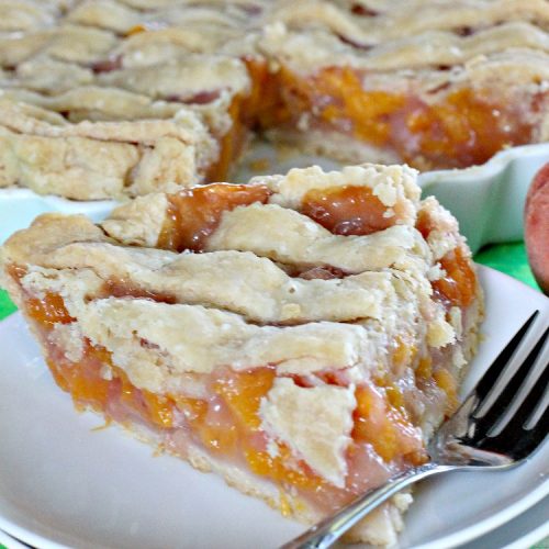 Mom's Peach Pie | Can't Stay Out of the Kitchen | our favorite #peachpie recipe. This delicious #pie has a lattice crust. Perfect #dessert when #peaches are in season.