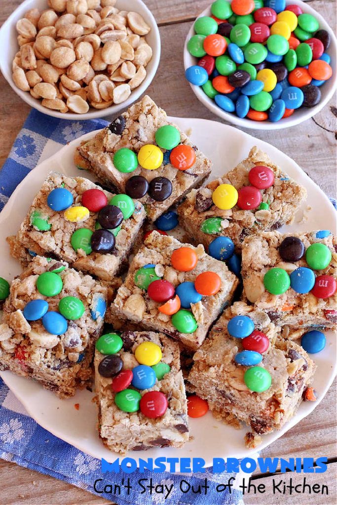 Monster Brownies | Can't Stay Out of the Kitchen | These #brownies are loaded with #MMs, #peanuts, #ChocolateChips & white #chocolate chips. They're terrific for #holidays, #tailgating parties or potlucks or anytime you need a chocolate fix! Every bite will rock your world! #oatmeal #cookies #holiday #HolidayDessert #ChristmasCookieExchange #PeanutButter #PPeanutButterDessert #ChocolateDessert #HolidayBaking #MonsterBrownies