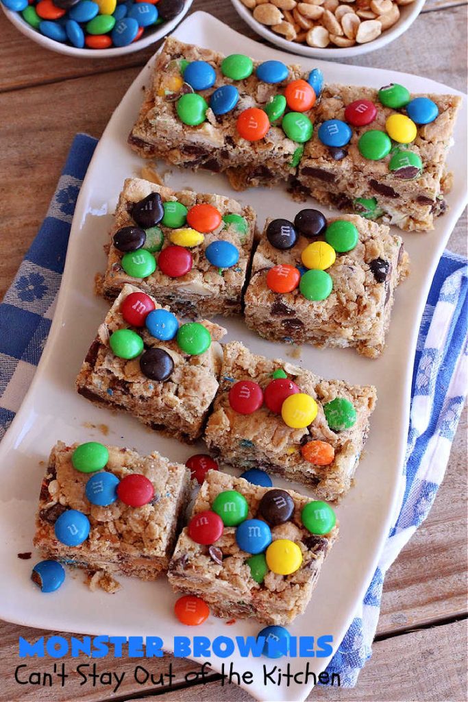 Monster Brownies | Can't Stay Out of the Kitchen | These #brownies are loaded with #MMs, #peanuts, #ChocolateChips & white #chocolate chips. They're terrific for #holidays, #tailgating parties or potlucks or anytime you need a chocolate fix! Every bite will rock your world! #oatmeal #cookies #holiday #HolidayDessert #ChristmasCookieExchange #PeanutButter #PPeanutButterDessert #ChocolateDessert #HolidayBaking #MonsterBrownies