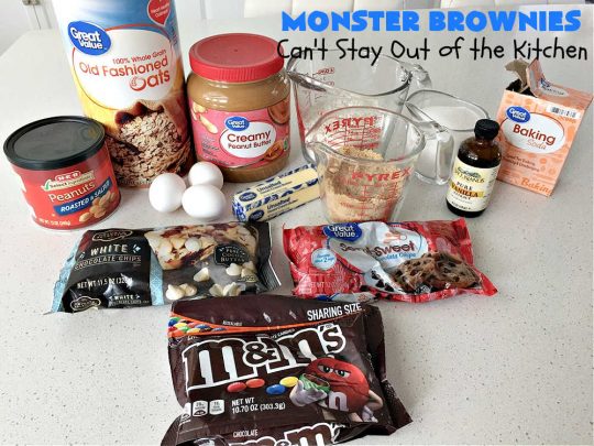 Monster Brownies | Can't Stay Out of the Kitchen | These #brownies are loaded with #MMs, #peanuts, #ChocolateChips & white #chocolate chips. They're terrific for #holidays, #tailgating parties or potlucks or anytime you need a chocolate fix! Every bite will rock your world! #oatmeal #cookies #holiday #HolidayDessert #ChristmasCookieExchange #PeanutButter #PPeanutButterDessert #ChocolateDessert #HolidayBaking #MonsterBrownies