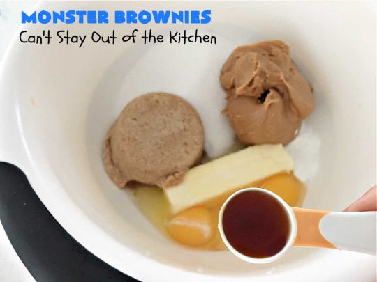 Monster Brownies | Can't Stay Out of the Kitchen | These #brownies are loaded with #MMs, #peanuts, #ChocolateChips & white #chocolate chips. They're terrific for #holidays, #tailgating parties or potlucks or anytime you need a chocolate fix! Every bite will rock your world! #oatmeal #cookies #holiday #HolidayDessert #ChristmasCookieExchange #PeanutButter #PPeanutButterDessert #ChocolateDessert #HolidayBaking #MonsterBrownies
