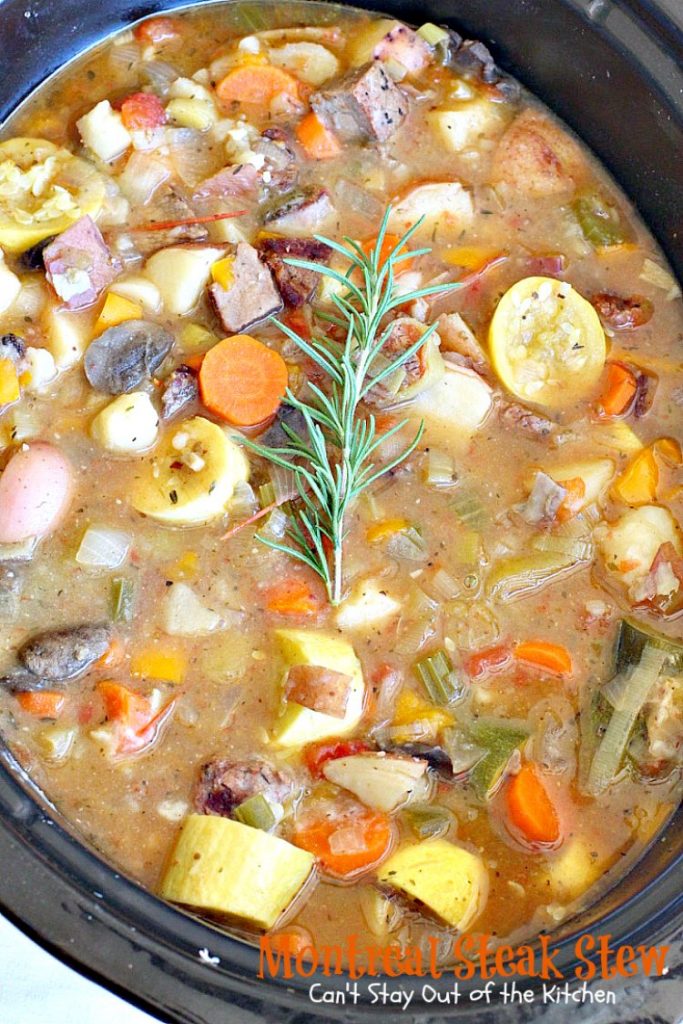 Montreal Steak Stew | Can't Stay Out of the Kitchen | delicious #beefstew using leftover #steak! This one is quick & easy since it's made in the #crockpot. #glutenfree #soup