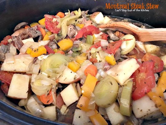 Montreal Steak Stew | Can't Stay Out of the Kitchen | delicious #beefstew using leftover #steak! This one is quick & easy since it's made in the #crockpot. #glutenfree #soup