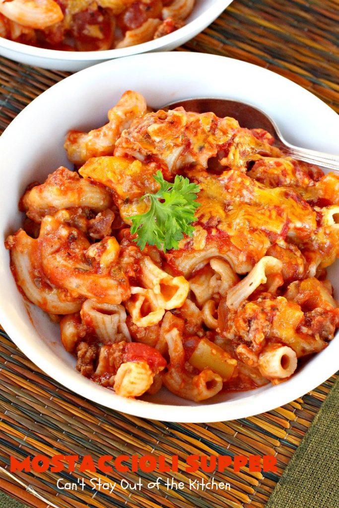 Mostaccioli Supper | Can't Stay Out of the Kitchen | this amazing #pasta entree has 3 layers of #noodles, #MarinaraSauce & #cheese! It's kid-friendly & terrific for weeknight suppers. #Mostaccioli #GlutenFree #GlutenFreePasta