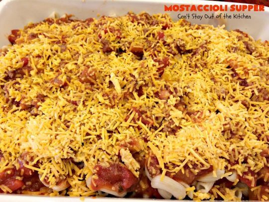 Mostaccioli Supper | Can't Stay Out of the Kitchen | this amazing #pasta entree has 3 layers of #noodles, #MarinaraSauce & #cheese! It's kid-friendly & terrific for weeknight suppers. #Mostaccioli #GlutenFree #GlutenFreePasta
