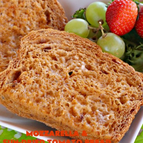 Mozzarella and Sun-Dried Tomato Bread | Can't Stay Out of the Kitchen | this fantastic #bread is so quick & easy since it's made in the #breadmaker. The savory flavors of #MozzarellaCheese, #SunDriedTomatoes, basil & oregano really come through making this one spectacularly tasting #HomeBakedBread. Wonderful as a side dish for any entree. #Italian #MozzarellaAndSunDriedTomatoBread