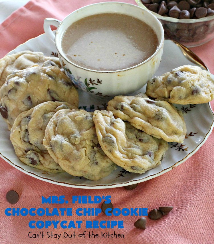 Mrs. Field's Chocolate Chip Cookie Copycat Recipe | Can't Stay Out of the Kitchen | this #CopycatRecipe is outstanding. If you want to bake up a batch of drool worthy #cookies for #dessert this #holiday season, this is it! Every bite will have you drooling. #ChristmasCookieExchange #chocolate #MrsFieldsChocolateChipCookies #ChocolateDessert #HolidayDessert #MrsFieldsCookies #MrsFieldsChocolateChipCookieCopycatRecipe