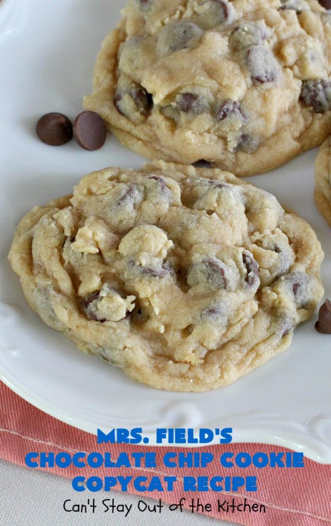 Mrs. Field's Chocolate Chip Cookie Copycat Recipe | Can't Stay Out of the Kitchen | this #CopycatRecipe is outstanding. If you want to bake up a batch of drool worthy #cookies for #dessert this #holiday season, this is it! Every bite will have you drooling. #ChristmasCookieExchange #chocolate #MrsFieldsChocolateChipCookies #ChocolateDessert #HolidayDessert #MrsFieldsCookies #MrsFieldsChocolateChipCookieCopycatRecipe