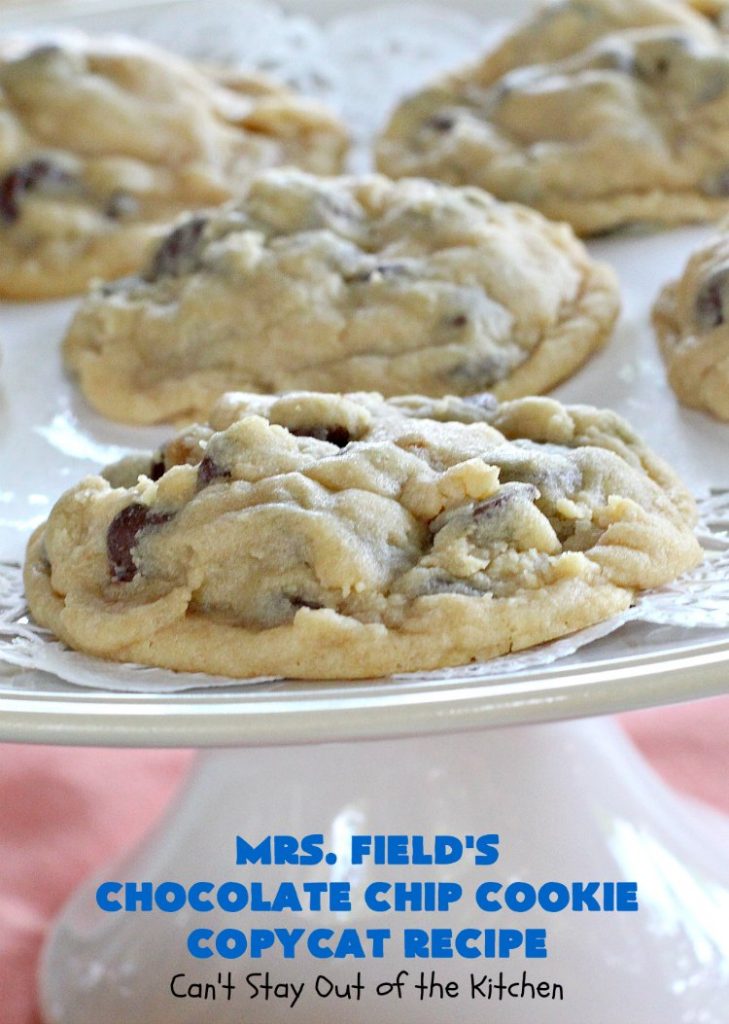 Mrs. Field's Chocolate Chip Cookie Copycat Recipe | Can't Stay Out of the Kitchen | this #CopycatRecipe is outstanding. If you want to bake up a batch of drool worthy #cookies for #dessert this #holiday season, this is it! Every bite will have you drooling. #ChristmasCookieExchange #chocolate #MrsFieldsChocolateChipCookies #ChocolateDessert #HolidayDessert #MrsFieldsCookies #MrsFieldsChocolateChipCookieCopycatRecipe