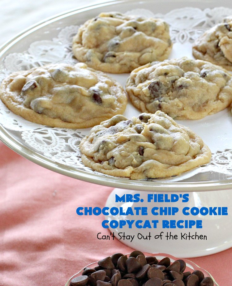 Mrs. Field's Chocolate Chip Cookie Copycat Recipe | Can't Stay Out of the Kitchen | this #CopycatRecipe is outstanding. If you want to bake up a batch of drool worthy #cookies for #dessert this #holiday season, this is it! Every bite will have you drooling. #ChristmasCookieExchange #chocolate #MrsFieldsChocolateChipCookies #ChocolateDessert #HolidayDessert #MrsFieldsCookies #MrsFieldsChocolateChipCookieCopycatRecipe