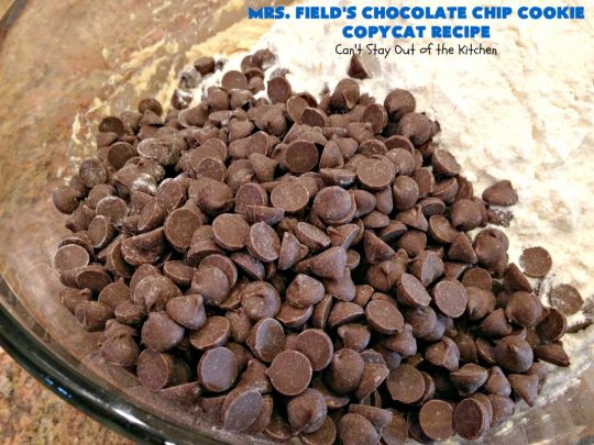 Mrs. Field's Chocolate Chip Cookie Copycat Recipe | Can't Stay Out of the Kitchen | this #CopycatRecipe is outstanding. If you want to bake up a batch of drool worthy #cookies for #dessert this #holiday season, this is it! Every bite will have you drooling. #ChristmasCookieExchange #chocolate #MrsFieldsChocolateChipCookies #ChocolateDessert #HolidayDessert #MrsFieldsCookies #MrsFieldsChocolateChipCookieCopycatRecipe