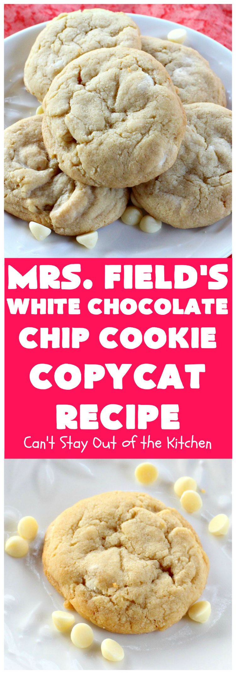 Mrs. Field's White Chocolate Chip Cookie Copycat Recipe | Can't Stay Out of the Kitchen | these luscious #cookies are perfect for any #tailgating party, potluck or #holiday #dessert. These sensational cookies are loaded with #WhiteChocolatechips and will have you drooling from the first bite. #chocolate #ChocolateDessert #CopycatRecipe #MrsFieldsWhiteChocolateChipCookieCopycatRecipe