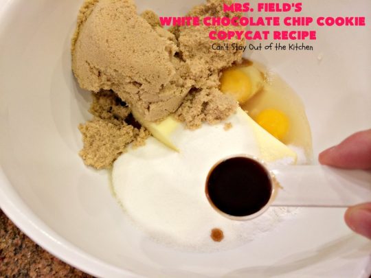 Mrs. Field's White Chocolate Chip Cookie Copycat Recipe | Can't Stay Out of the Kitchen | these luscious #cookies are perfect for any #tailgating party, potluck or #holiday #dessert. These sensational cookies are loaded with #WhiteChocolatechips and will have you drooling from the first bite. #chocolate #ChocolateDessert #CopycatRecipe #MrsFieldsWhiteChocolateChipCookieCopycatRecipe