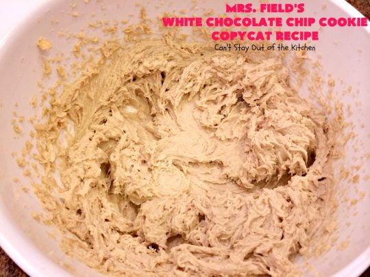 Mrs. Field's White Chocolate Chip Cookie Copycat Recipe | Can't Stay Out of the Kitchen | these luscious #cookies are perfect for any #tailgating party, potluck or #holiday #dessert. These sensational cookies are loaded with #WhiteChocolatechips and will have you drooling from the first bite. #chocolate #ChocolateDessert #CopycatRecipe #MrsFieldsWhiteChocolateChipCookieCopycatRecipe
