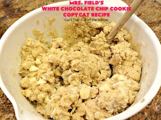 Mrs. Field's White Chocolate Chip Cookie Copycat Recipe | Can't Stay Out of the Kitchen | these luscious #cookies are perfect for any #tailgating party, potluck or #holiday #dessert. These sensational cookies are loaded with #WhiteChocolatechips and will have you drooling from the first bite. #chocolate #ChocolateDessert #CopycatRecipe #MrsFieldsWhiteChocolateChipCookieCopycatRecipe